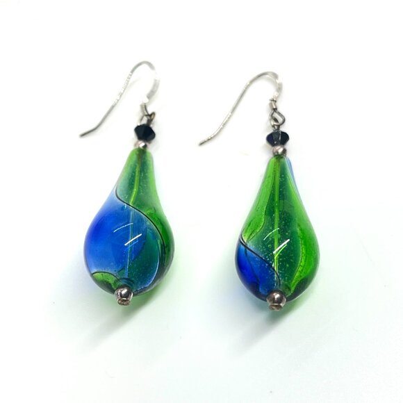 GREEN BLUE ART GLASS DROP EARRINGS STERLING 925 HOOKS HANDMADE MURANO STYLE - Picture 8 of 15